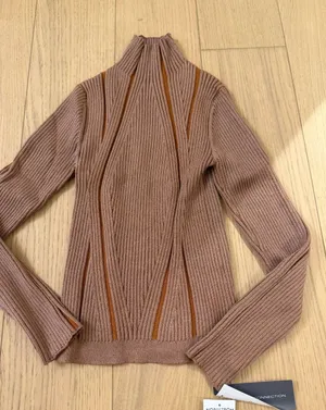 Nordstrom Taupe Ribbed Mock Neck Sweater with Rust Accent Stripes thumbnail 1