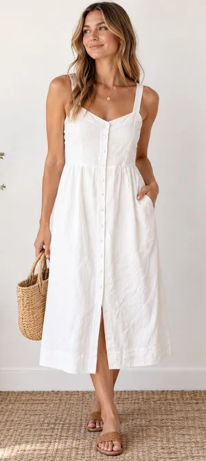 Club Monaco Midi Dress Size 2 White Cotton Silk Button Front Coastal Luxury NWT thumbnail 1