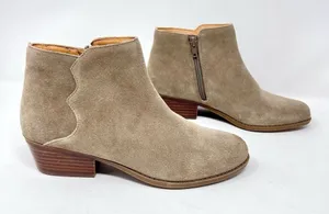 Crown Vintage Beatrix Taupe Suede Leather Low Block Heel Ankle Bootie 7 thumbnail 1