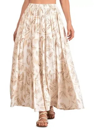 Elan Maxi Skirt Women XL Beige Lima Leaf Print Tiered Boho TP4152 New thumbnail 1
