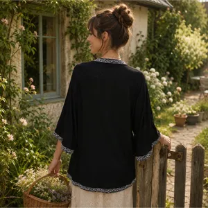 Anthropologie LEIFNOTES Twirled Trim Beaded Kimono Cardigan Sweater Black Small thumbnail 7