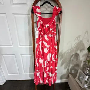Crystal Doll Red White Smocked Tiered Maxi Dress Ruffle Straps‎ Size S NWT thumbnail 6