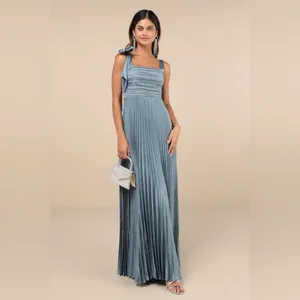 LULU’S Gorgeous Purpose Slate Satin Pleated Sleeveless Bow Maxi Dress thumbnail 6