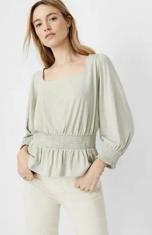 NWT Women's Ann Taylor Smocked Square Neck Puff Sleeve Blouse Top Sage Sz Large thumbnail 1