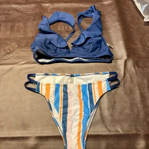 New Cupshe Bikini Womens Medium Navy Plunge Bikini Top Striped Bottom Flaw‎ thumbnail 2