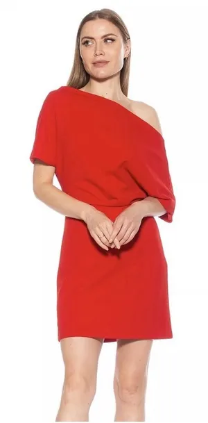 ALEXIA ADMOR Draped Shoulder Mini A-Line Dress Red‎ Size Medium thumbnail 1