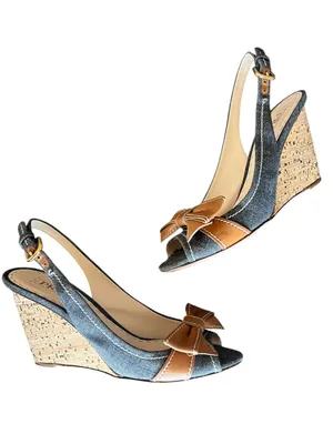 Prada Women’s Peep Toe Denim Cork Leather Bow Wedge Y2K Vintage Heels 38.5 thumbnail 4