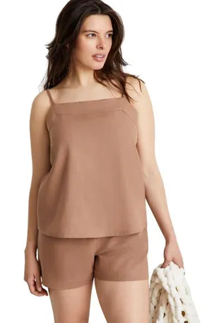 NWT State Of Day 2-Pc. Sleeveless Pajama Set Linen Blend Natural Umber Brown M thumbnail 1
