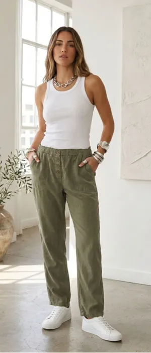 Love Tree Olive Green Tencel Cargo Pants Elastic Waist Button Fly Sz M High Rise thumbnail 1
