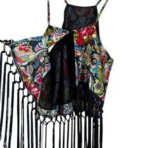 Cotton Candy Floral Paisley Halter Crop Top Multicolor Boho Fringe Size S thumbnail 5