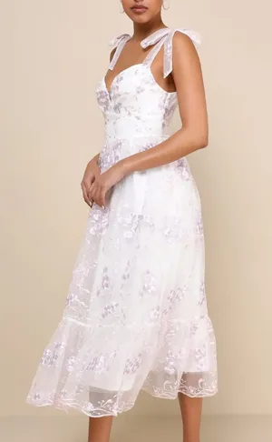 Lulus Distinctly Sweet White Floral Embroidered Tie-Strap Midi Dress thumbnail 1