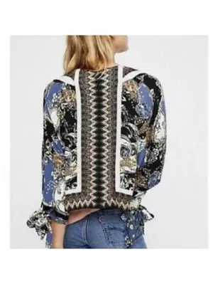 Free People Catch Me if You Can Tie Sleeve Geometric Cheetah Print Top M thumbnail 2
