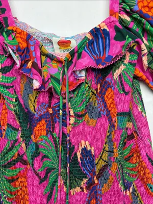 Farm Rio size large painted toucans Vibrant Tropical Puff-Sleeve Mini Dress thumbnail 6