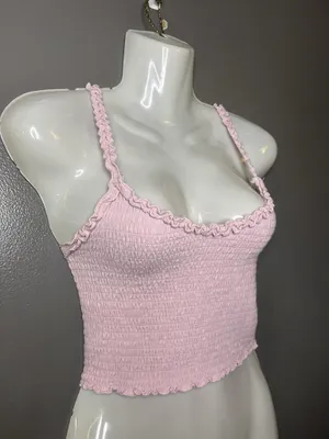 Hollister Tank Top Womens Small Pink Smocked Ruffle Strap Cropped Cami Summer thumbnail 2