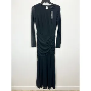 Lulus Vibrant Poise Black Mesh Ruched Maxi Dress Formal Evening Medium NWT thumbnail 6