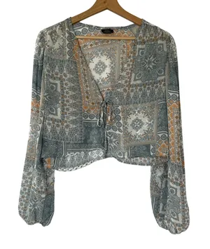 Rue21 flowy lightweight boho fairycore blue tie front top L long sleeved shirt‎ thumbnail 1