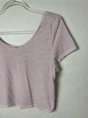 American Eagle Striped Scoop-Neck Crop Top - Maroon/White Size L thumbnail 2