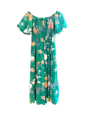 Skies Are Blue Floral Print Smocked Tiered Midi Dress in Green Size S thumbnail 2