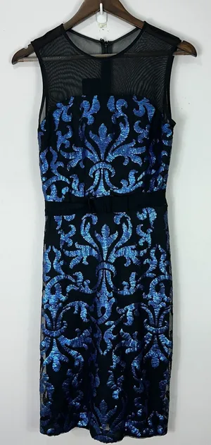 The Limited Cocktail Dress‎ Womens 6 Black Blue Sequin Damask Mesh Illusion Neck thumbnail 1