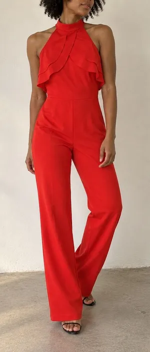Marina Red Jumpsuit Ruffle Halter Neck Small Evening Wedding Guest Cocktail thumbnail 1
