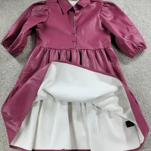 Karlie Womens Faux Leather Dress S Red Puff Sleeve Tiered Button Front Collared thumbnail 7