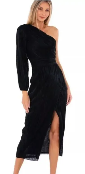 Saylor Alora Dress in Black Metallic Womens Plisse One Shoulder Midi thumbnail 1