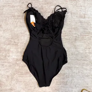 Charmo Women’s Medium UPF 50 Black One Piece Swimsuit Scallop Triangle Cut out thumbnail 5
