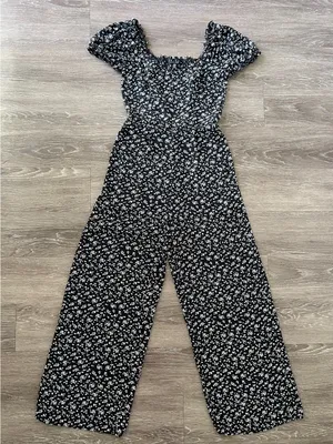 TRIXXI Black Floral Wide Leg Jumpsuit Puff Sleeve Smocked Back S thumbnail 3
