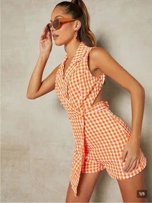 SHEIN Orange Gingham Sleeveless Wrap Romper thumbnail 2