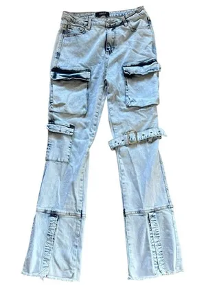 Akira Cargo Denim Flare Jeans Size 11 29 Acid‎ Wash Baddie Streetwear thumbnail 1