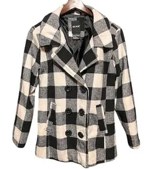 ME JANE Womens Plaid Pea Coat Jacket S Black‎ White Checkered Double Breasted thumbnail 1