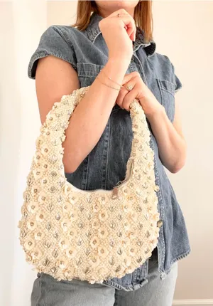 Embellished Cream Floral Beaded Shoulder Bag thumbnail 1