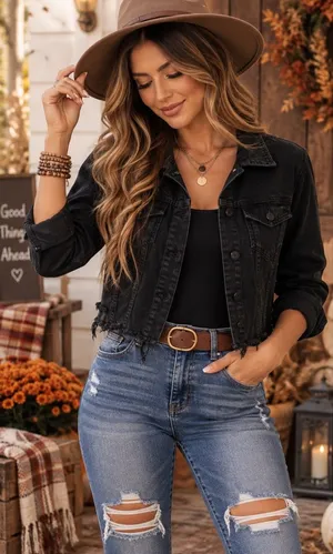 Cropped Black Denim Jacket thumbnail 1