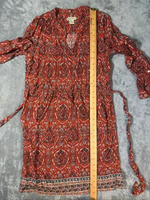Lucky Brand Size XS Orange Paisley Wrap Dress Boho Western Long Sleeve Tie Waist thumbnail 6