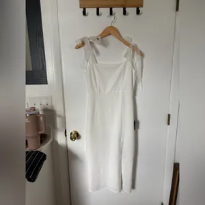 Lulus Romantic Celebration White Tie-Strap Bodycon Midi Dress Size Small Bridal thumbnail 4