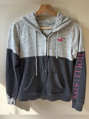 Hollister Two-Tone Gray Zip Hoodie with Pink Logo thumbnail 1