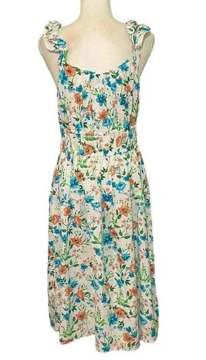 NWOT Linen Dress Blue Orange Floral Midi New Ruffle Sleeveless thumbnail 4