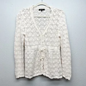 DALIA Pointelle Knit Tie Front Cotton Cardigan Sz Large Cottage Beachy Coastal thumbnail 2