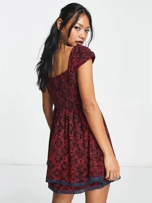 FREE PEOPLE Tabitha Smocked Mini Dress MEDIUM Red Navy Blue Floral thumbnail 2