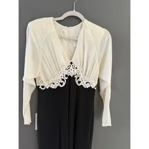 Spencer Alexis Vintage Jumpsuit Black Cream Lace Applique Wide Leg 6 Made in USA thumbnail 4
