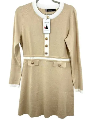ZESICA‎ Preppy Ladylike Sweater Dress Medium Beige White Gold Buttons Mini NWT thumbnail 1