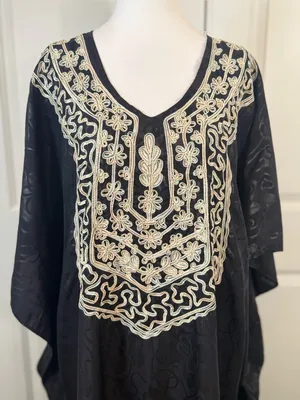 Ashro Black Gold Embroidered Caftan Kaftan Maxi Dress One Size Resort Cruise thumbnail 2