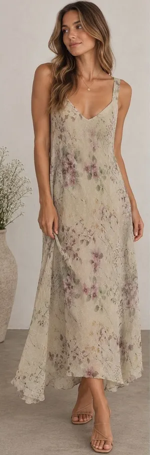 R&M Richards Woman Floral Crinkle V-Neck Midi Dress Beige Pink Size 18W thumbnail 1