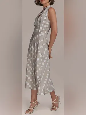 NEW Donna Karan Polka Dot French Twill Scarf Tie Neck Sleeveless Midi Dress 10 thumbnail 2
