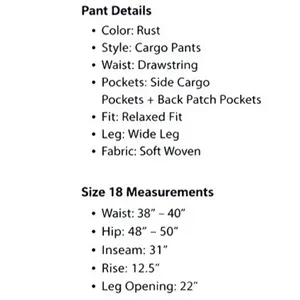 Time and Tru Womens Cargo Pants Size 18 Short Auburn Sun Drawstring Wide Leg thumbnail 7