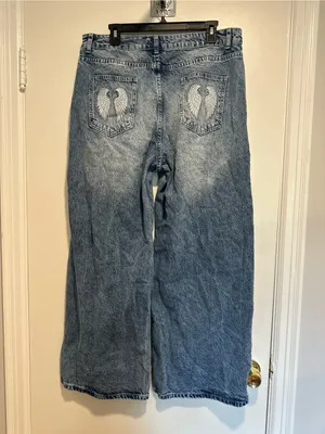 Riley & James Extra Wide Leg Baggy Y2K Wing Pocket Jeans SzXL Indie Punk Grunge. thumbnail 3