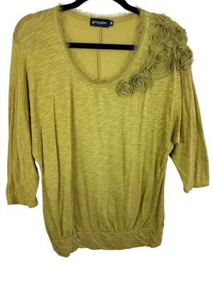 Grayson Womens Chartreuse Green‎ Pima Cotton Modal Rosette Fringe Top Medium thumbnail 1