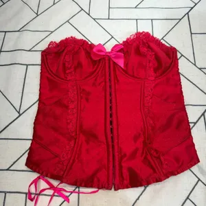 Victoria's Secret Corset Top 36C Red‎ Excellent Lace Up Satin Polka Dot Bow thumbnail 7