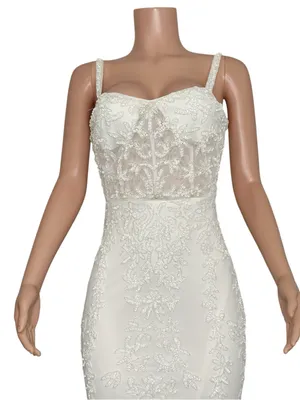 LULUS Luxe Bridal Momentous Love Beaded Bustier Mesh Mermaid Maxi Dress,White,XS thumbnail 8