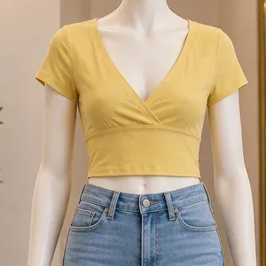SO Pale Yellow Surplice V Neck Crop Top Y2K Coquette Pastel Small thumbnail 1